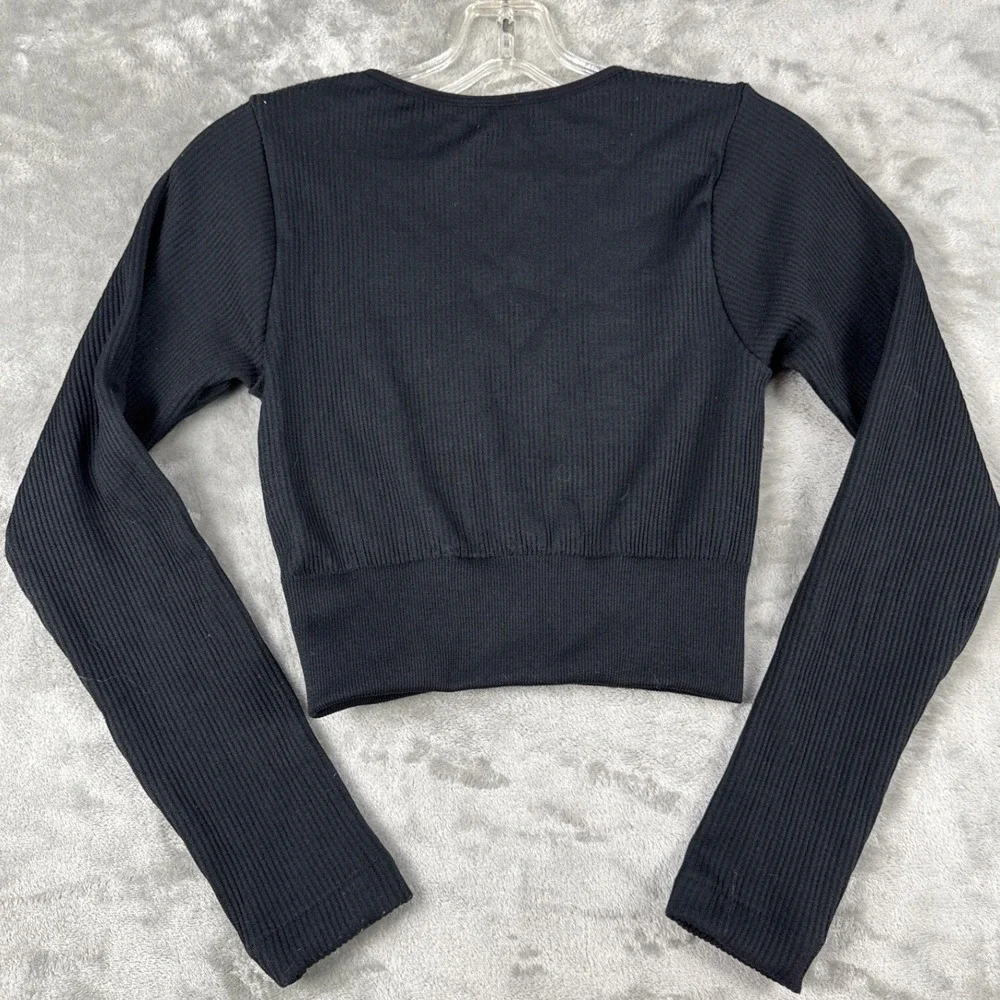 Bella Movement Womens Ribbed Long Sleeve Crop Top Black Crew Neck FR-501 S/M